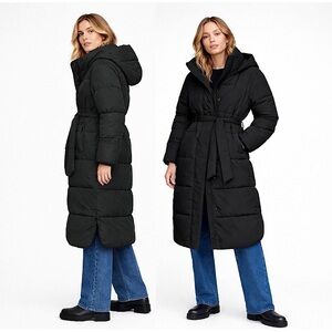 Gap Women's Hooded Big Puff Coat Belted Colour True Black Size Large